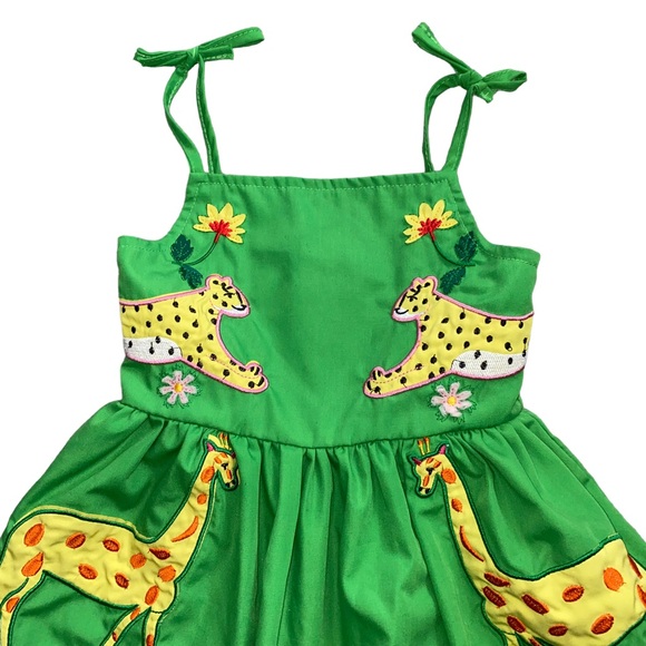 Girls Safari Zoo Animal Embroidered Appliqué Tie Strap Green Vacation Dress - Picture 4 of 6